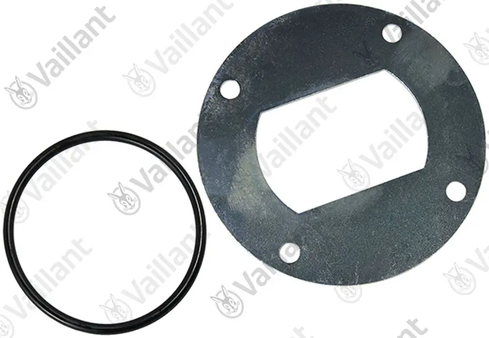 Dichtungssatz von Vaillant bestehend aus einer runden Gummidichtung und einer metallischen Abdeckung mit rechteckigem Ausschnitt und mehreren Befestigungslöchern.